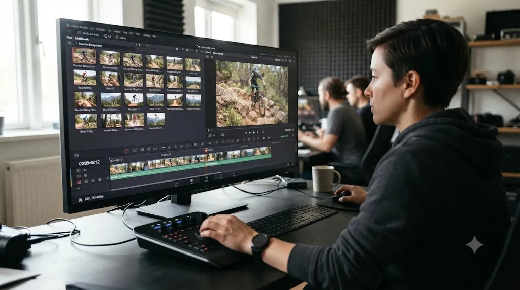 Illustration of DaVinci Resolve's IntelliSearch feature showing clip thumbnails appearing in the Media Pool after a text search