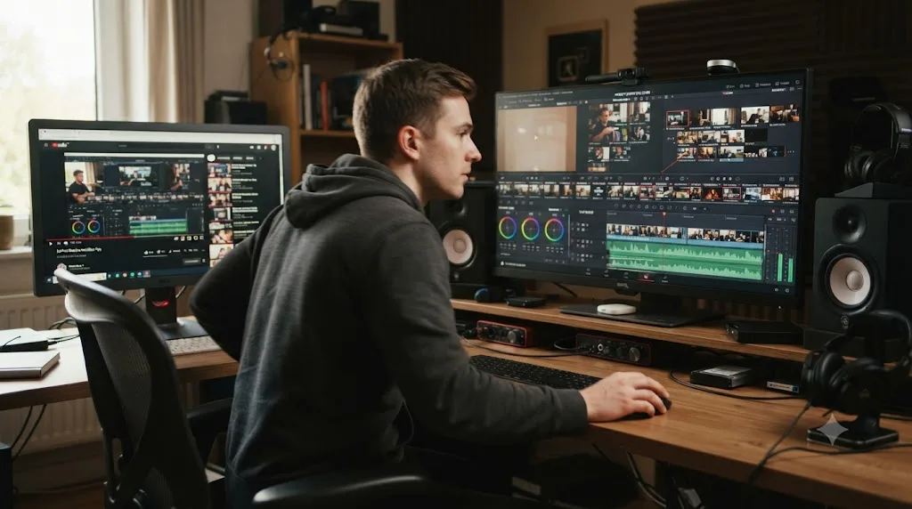 Illustration of a person moving from a paused tutorial video toward their own open DaVinci Resolve editing timeline