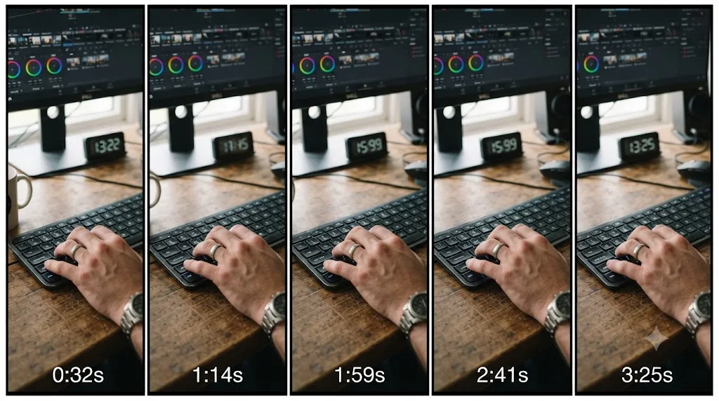 Illustration of a hand repeating the same DaVinci Resolve keyboard shortcut across a sequence of timed practice sessions