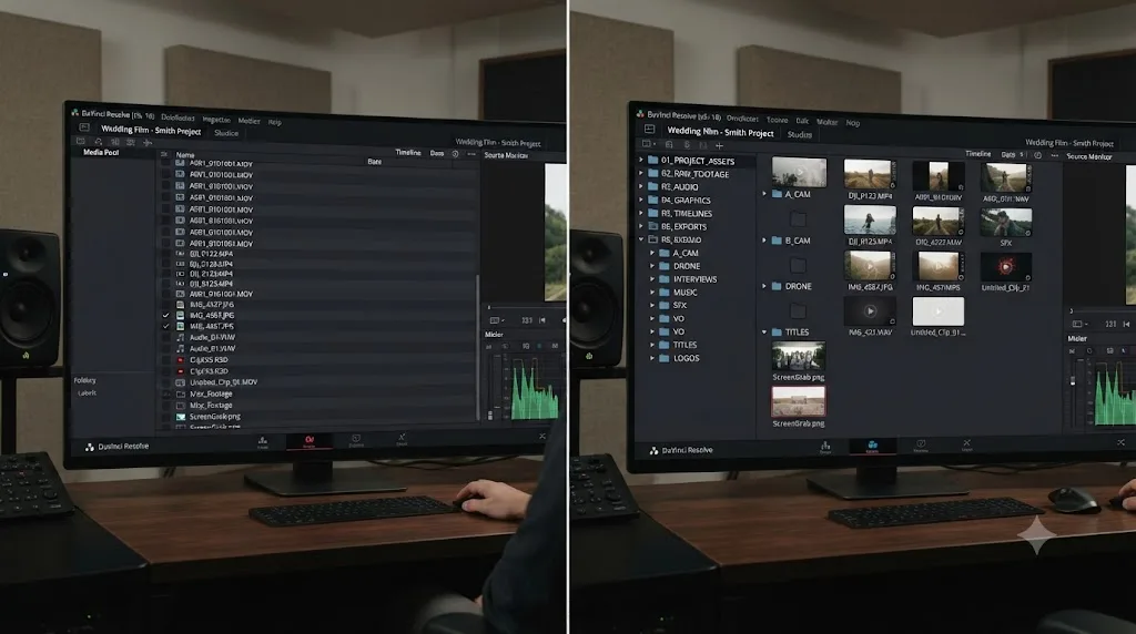 Illustration comparing a cluttered, unlabeled DaVinci Resolve Media Pool to an organized, tagged version of the same project