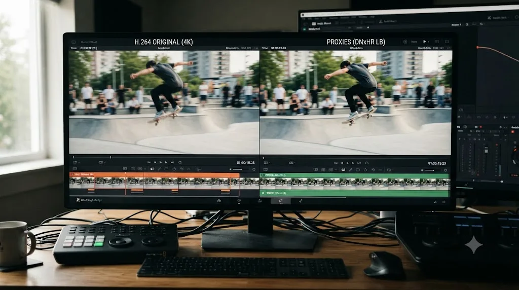 Illustration comparing a stuttering H.264 timeline preview to a smooth Proxy Media preview of the same clip in DaVinci Resolve