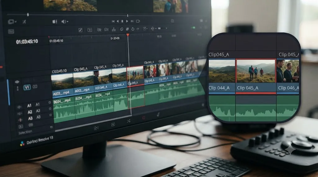 Illustration of a DaVinci Resolve timeline showing a red render cache indicator on one clip and a blue indicator on cached clips