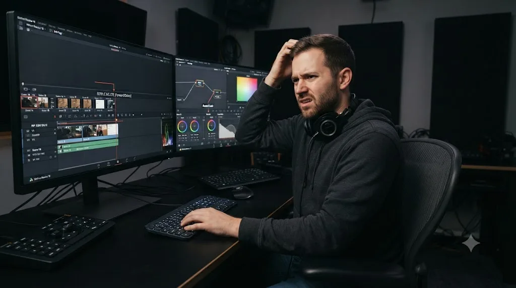 Illustration of the same keyboard shortcut symbol producing two different results on DaVinci Resolve's Edit page versus its Color page