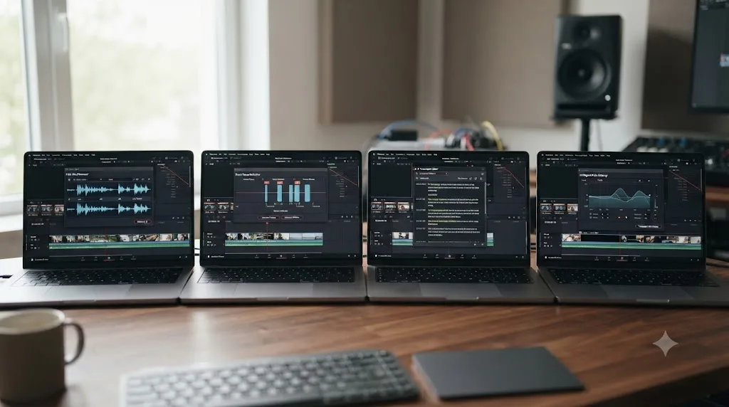 Illustration of four laptop screens showing different AI editing plugin interfaces layered over DaVinci Resolve timelines