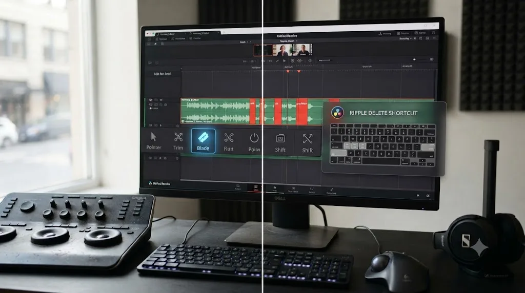 Illustration of the DaVinci Resolve Blade tool icon beside a popup card showing the Ripple Delete keyboard shortcut
