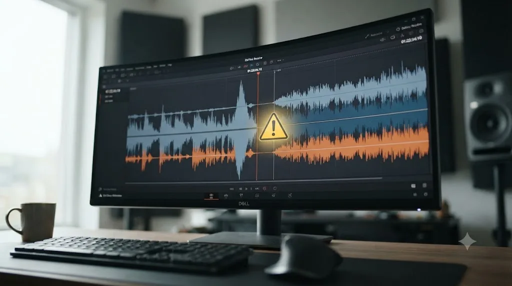 Illustration of a DaVinci Resolve waveform zoomed in on a cut placed too close to a spoken word, marked with a warning symbol