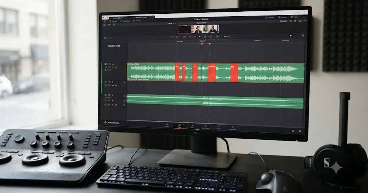 Illustration of a DaVinci Resolve timeline with filler words highlighted between two interview clips before a ripple delete