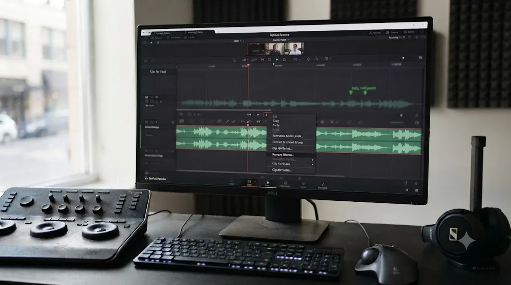 Illustration of the DaVinci Resolve Fairlight page with an audio clip's right-click context menu open on Remove Silence