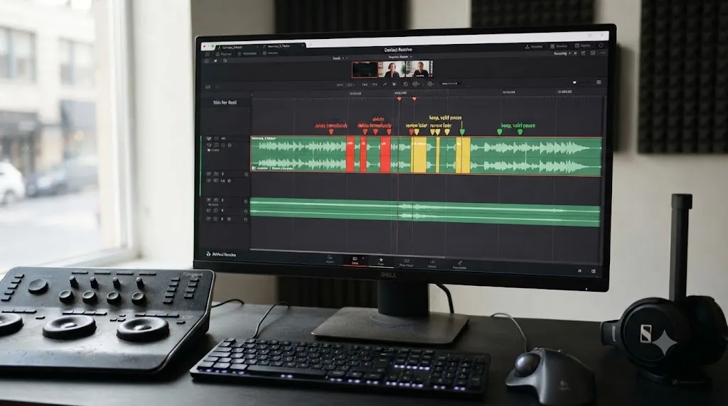 Illustration of a DaVinci Resolve timeline with red, yellow, and green markers above an interview clip representing different filler-word decisions