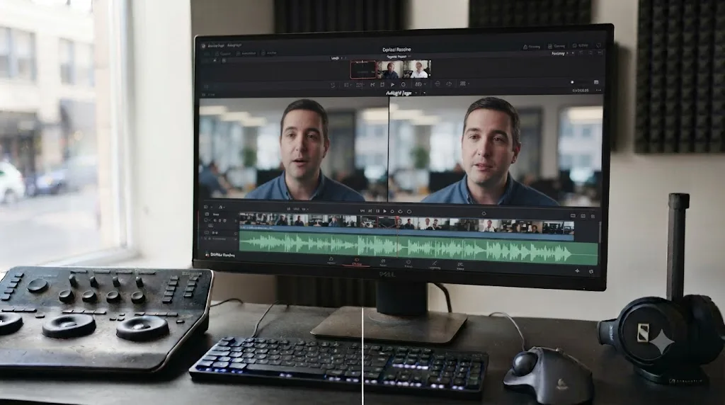 Illustration of a DaVinci Resolve multicam timeline with two synced camera angles and one continuous audio track below