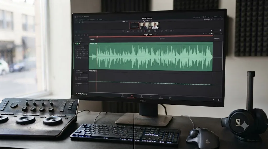 Illustration of a DaVinci Resolve Fairlight page showing a thin room-tone audio track running beneath a main dialogue track