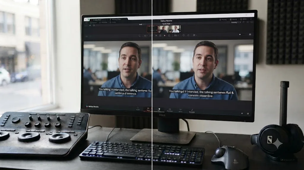 Illustration comparing a visible jump cut against a smoothed transition on the same talking-head interview clip