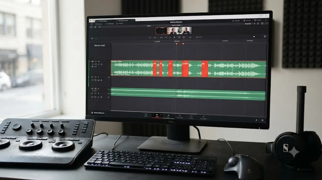 Illustration of a DaVinci Resolve timeline with filler-word segments highlighted in red before a ripple delete pass