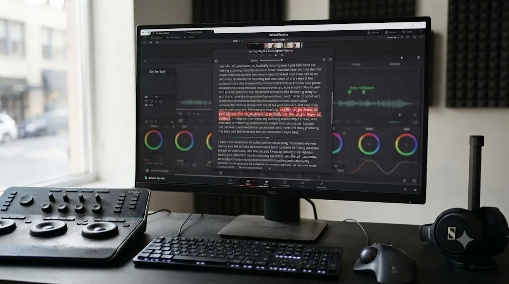Illustration of the DaVinci Resolve Transcription Window with a run of transcript words selected for deletion