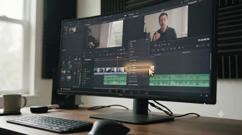 Illustration of a DaVinci Resolve session with a small on-screen highlight pointing at the Ripple Delete menu option