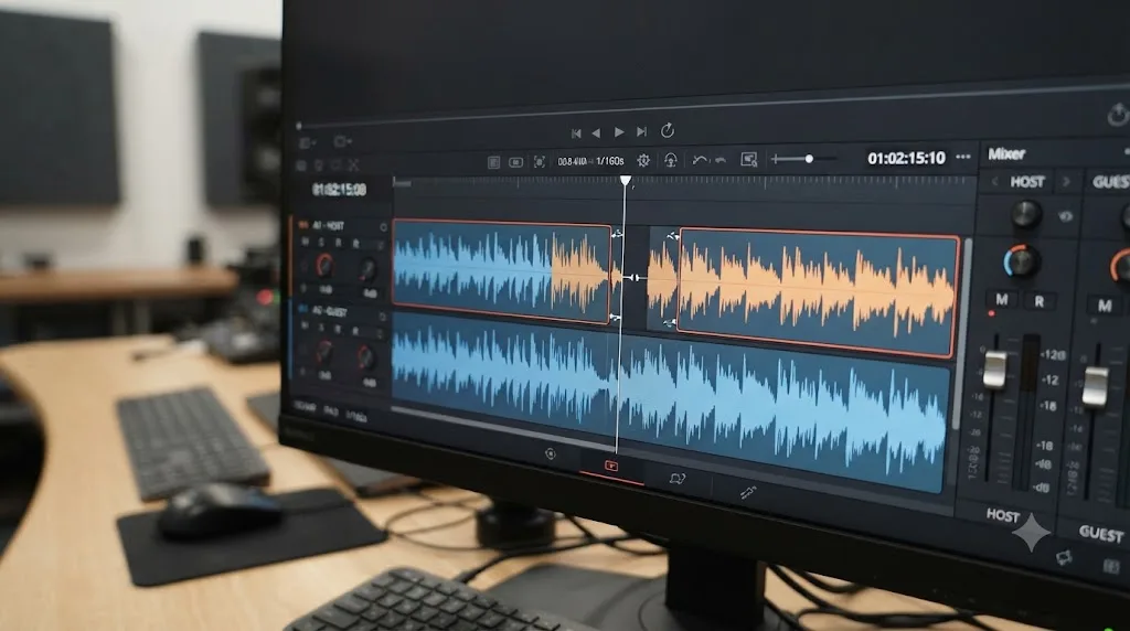 Illustration of a DaVinci Resolve Fairlight page with separate host and guest audio tracks, showing an edit isolated to only the host's track