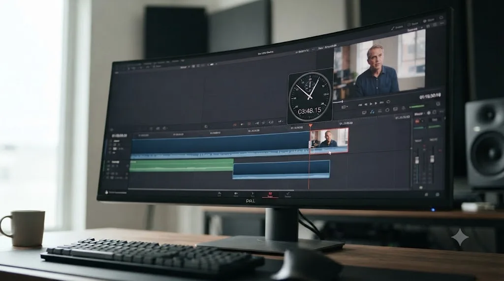Illustration of a stopwatch overlaid on a DaVinci Resolve timeline as a thirty-minute interview clip is trimmed