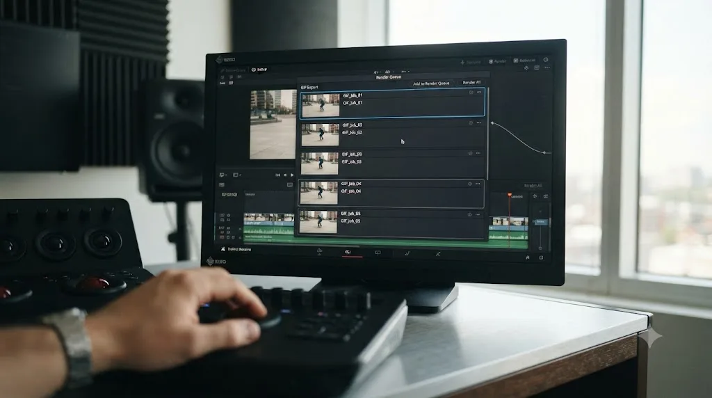 Illustration of a DaVinci Resolve Render Queue with five separate GIF export jobs queued and selected for batch rendering