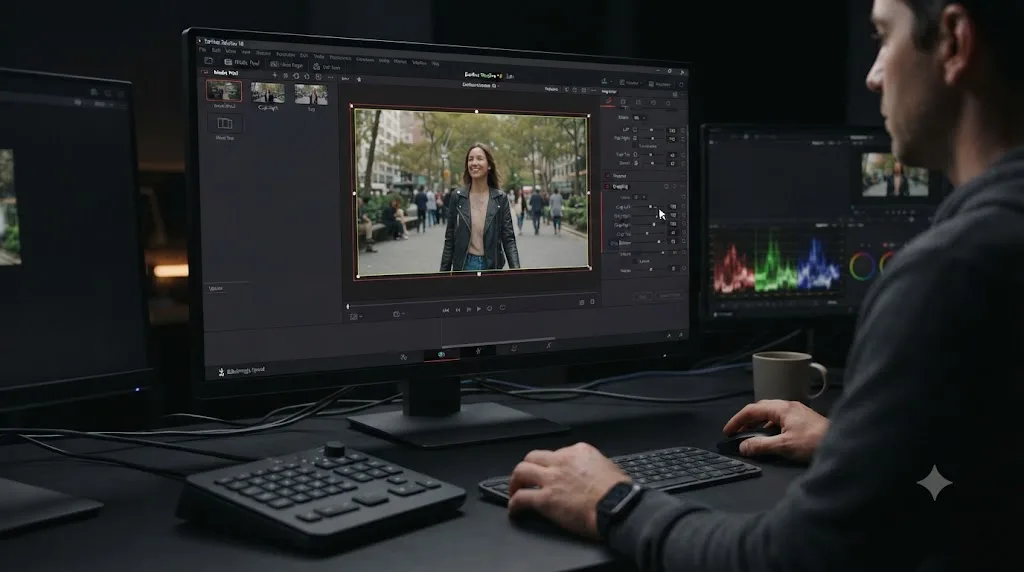 Illustration of DaVinci Resolve's Inspector crop sliders tightening the frame around a subject