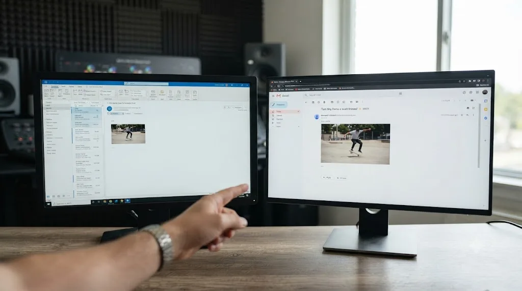 Illustration comparing a GIF frozen on its first frame in desktop Outlook against the same GIF animating in a browser email client