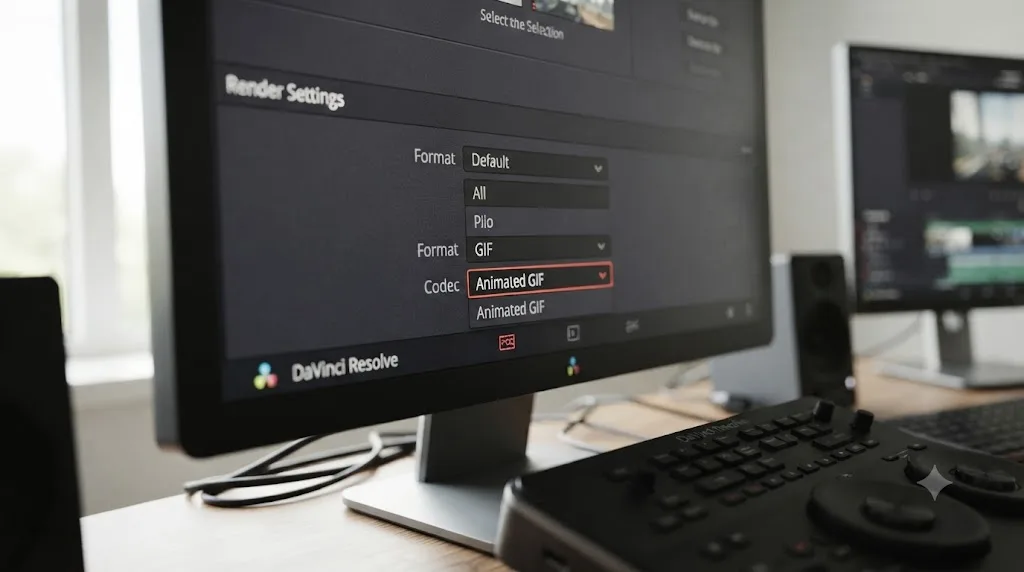 Illustration of the Format and Codec dropdowns on DaVinci Resolve's Deliver page both set to GIF