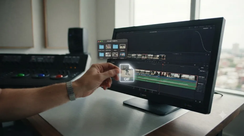 Illustration of a GIF file being dragged from a folder onto a DaVinci Resolve timeline