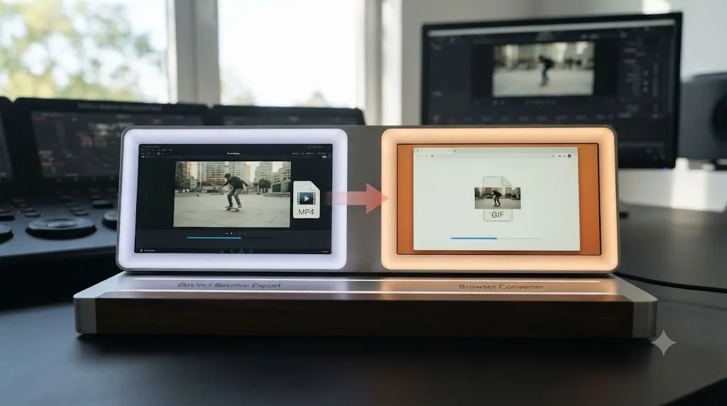 Illustration of a two step workflow exporting an MP4 from DaVinci Resolve and converting it to a GIF in a browser tool