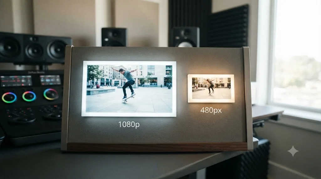 Illustration comparing a large 1080p GIF export against a small 480 pixel wide GIF export of the same clip