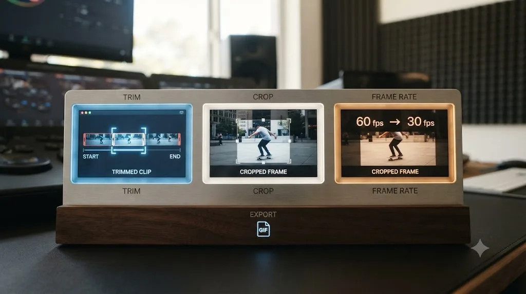 Illustration of a video clip being trimmed, cropped, and reduced in frame rate to shrink a GIF export