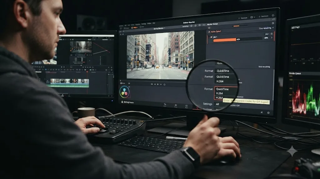 Illustration of a stalled render queue in DaVinci Resolve with a magnifying glass highlighting a settings problem