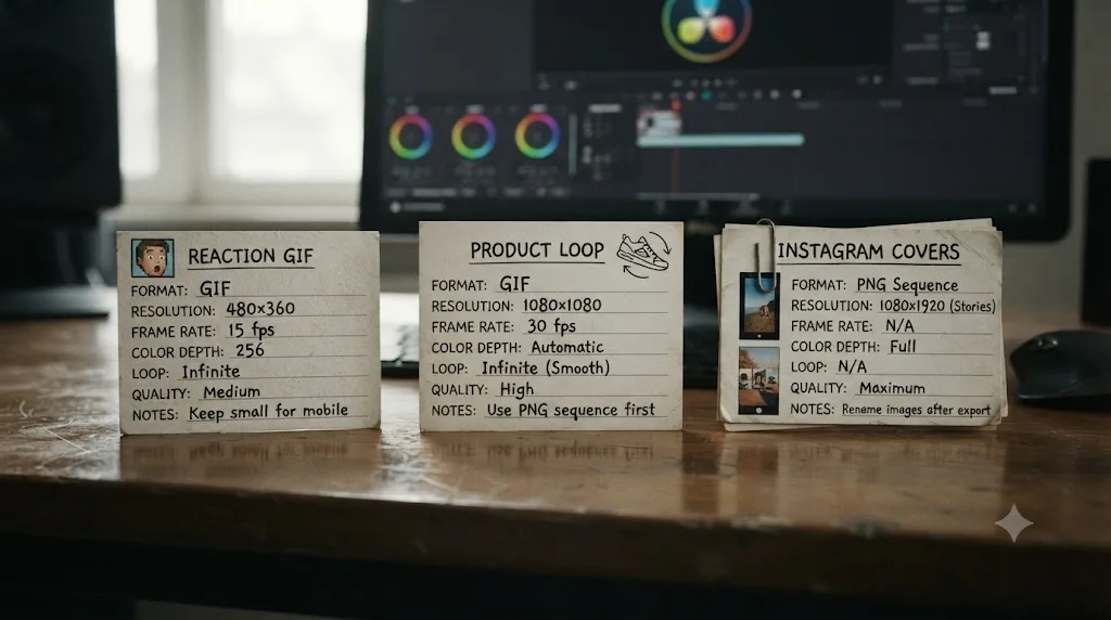 Illustration of three GIF export recipe cards for a reaction GIF, a product demo loop, and a batch of Instagram cover variants
