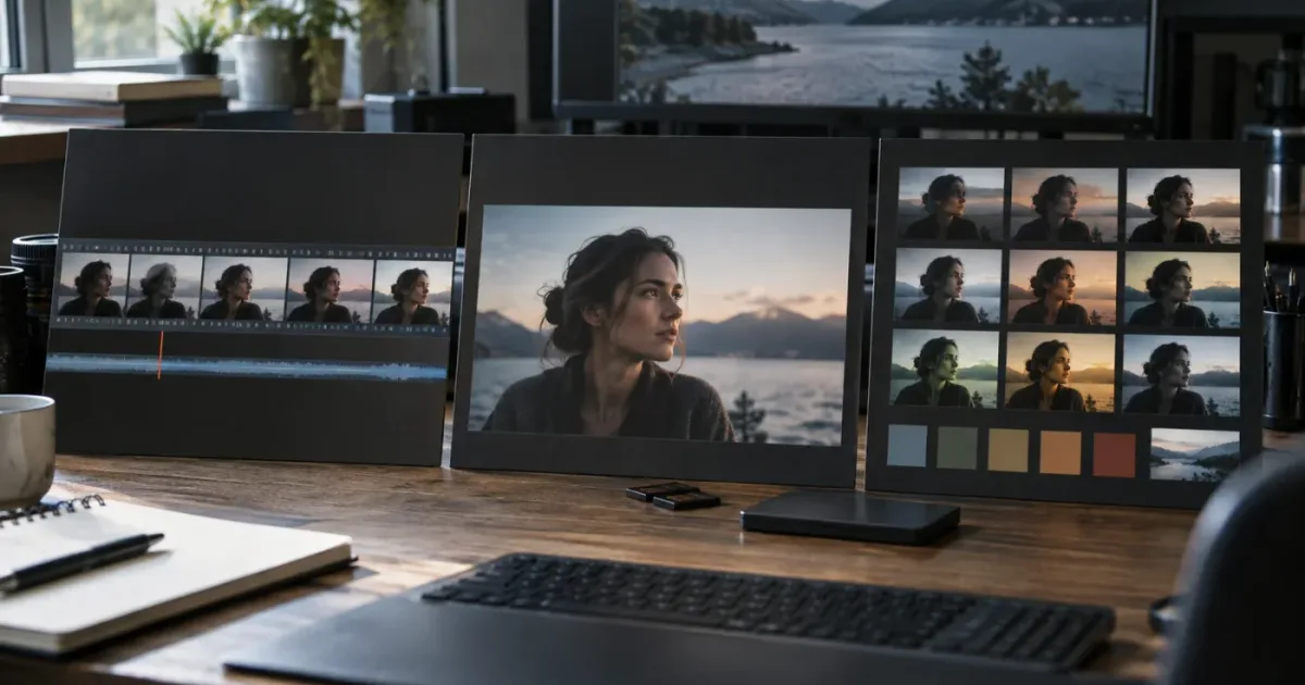 Illustration of a video editor exporting a still frame as a PNG from DaVinci Resolve