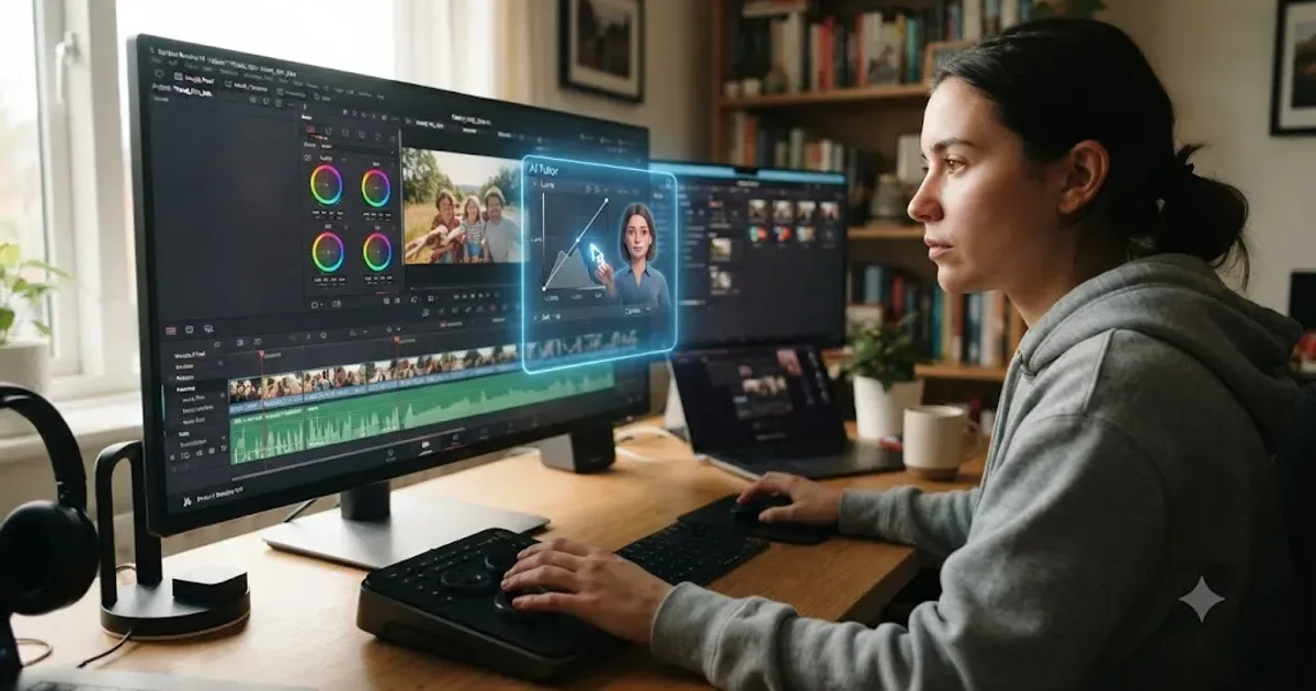 Illustration of an editor at a DaVinci Resolve timeline with layered shields representing durable skills protecting against fast-changing AI tools