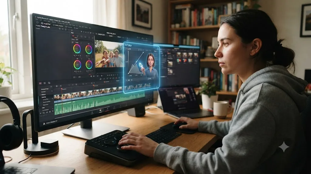 Illustration of an editor at a DaVinci Resolve timeline with durable and perishable skill layers floating above it