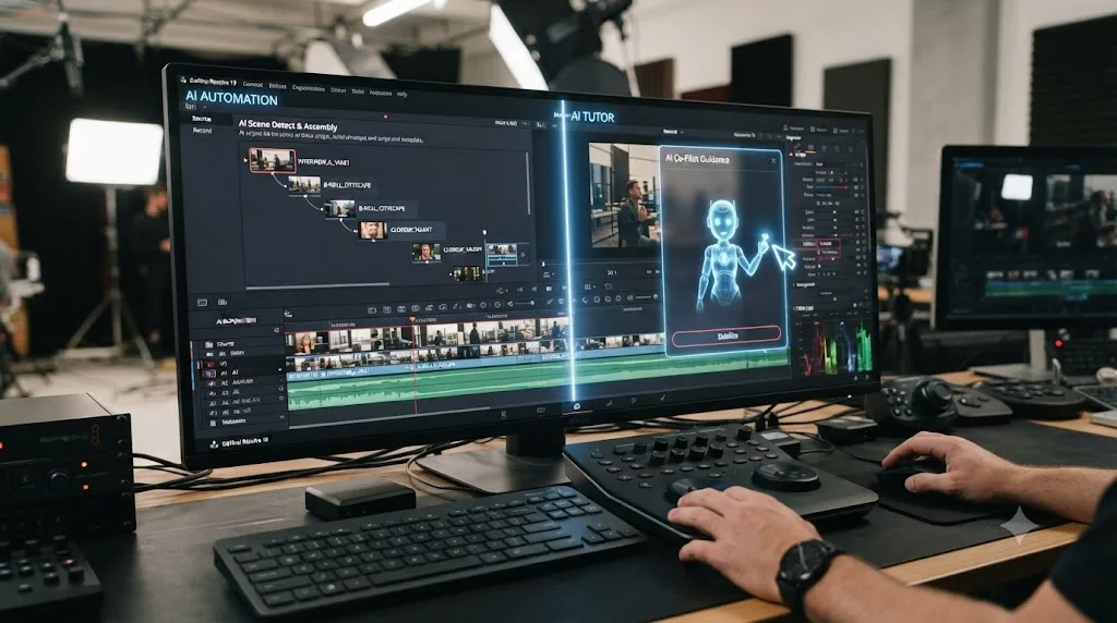 Illustration of a five-item weekly action checklist laid over a DaVinci Resolve project browser