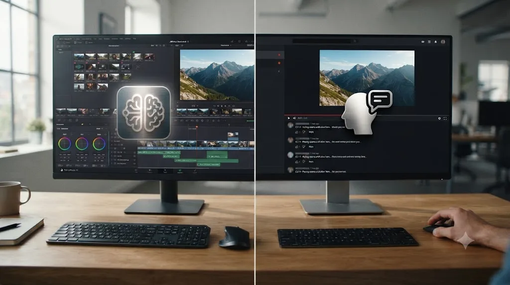 Illustration contrasting an AI agent editing a DaVinci Resolve timeline with a human reviewer watching and commenting on a finished clip