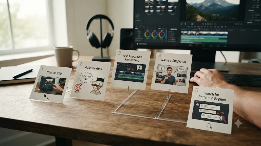 Illustration of a five-step flowchart showing how to ask for specific, useful feedback on a video edit