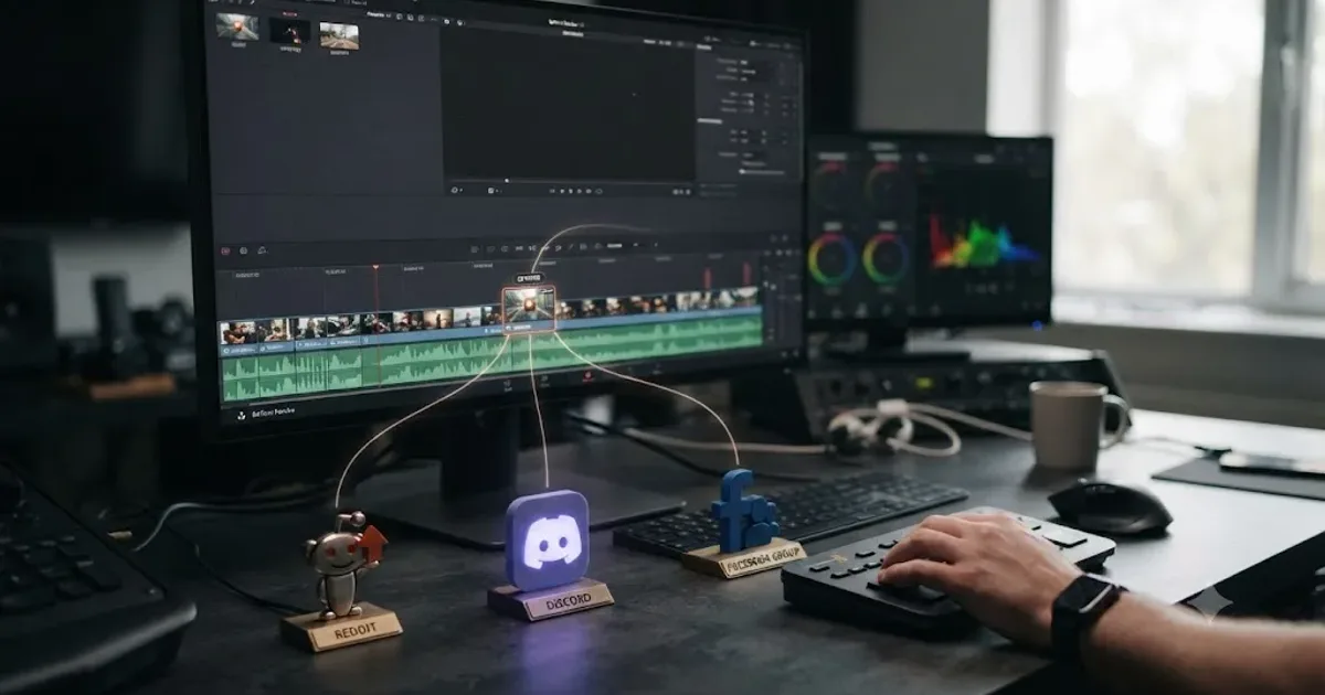 Illustration of a DaVinci Resolve timeline with a shared clip radiating out to icons for Reddit, Discord, and a Facebook group