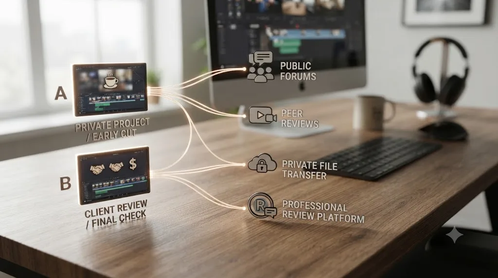 Illustration of a branching decision flowchart leading from different editing situations to different feedback venue icons