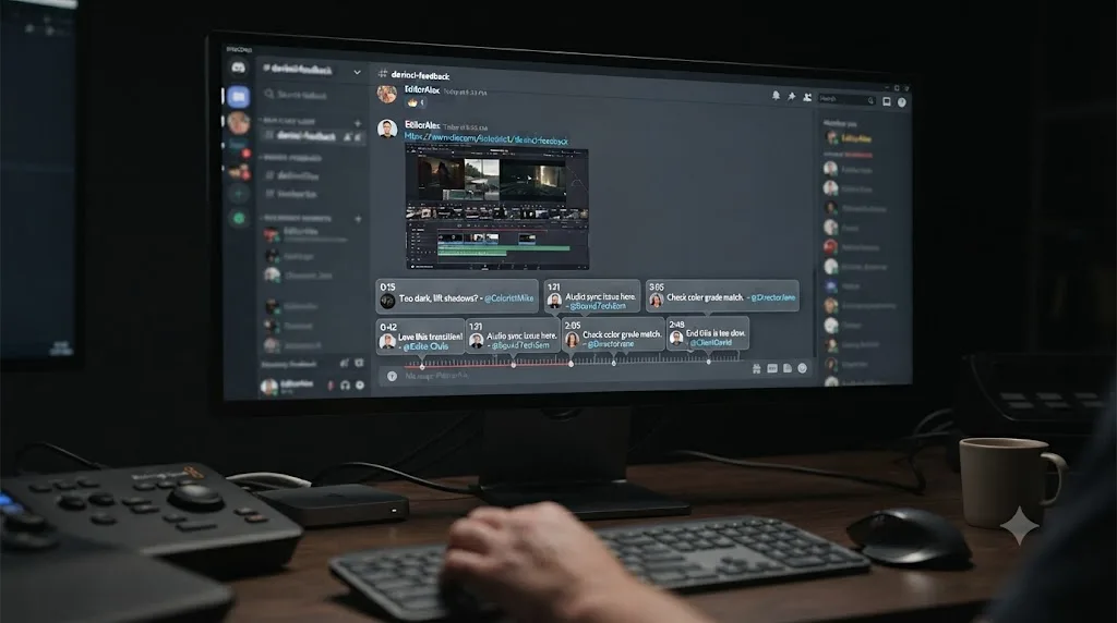 Illustration of a Discord chat interface showing a shared video link with reply bubbles pointing at specific timestamps