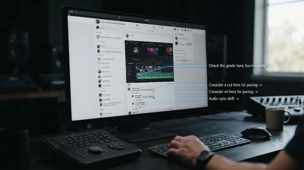 Illustration of a Facebook group feed showing a posted DaVinci Resolve timeline preview with comment replies pointing at specific sections