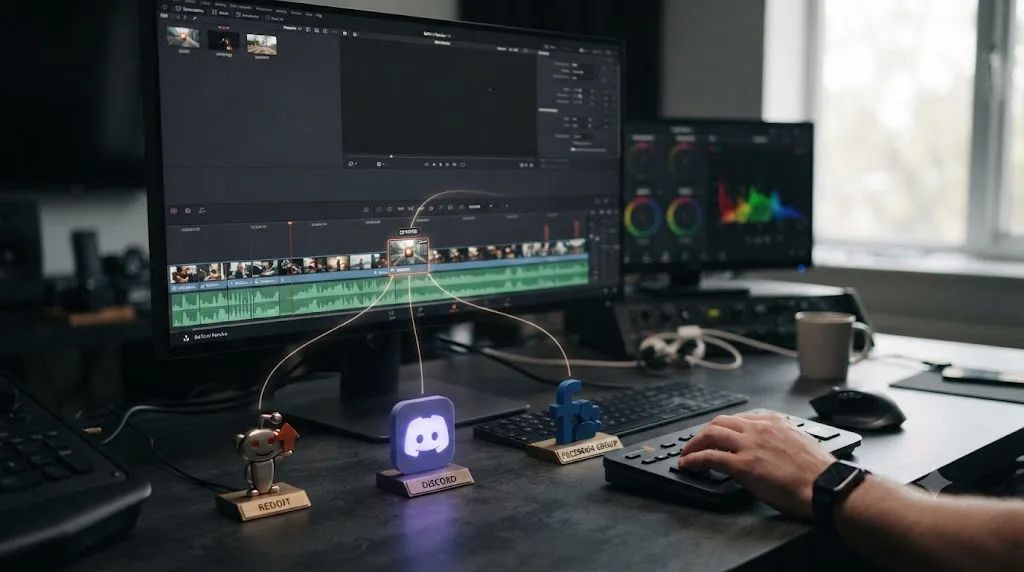 Illustration of a DaVinci Resolve timeline with an exported clip branching out to Reddit, Discord, and Facebook group icons