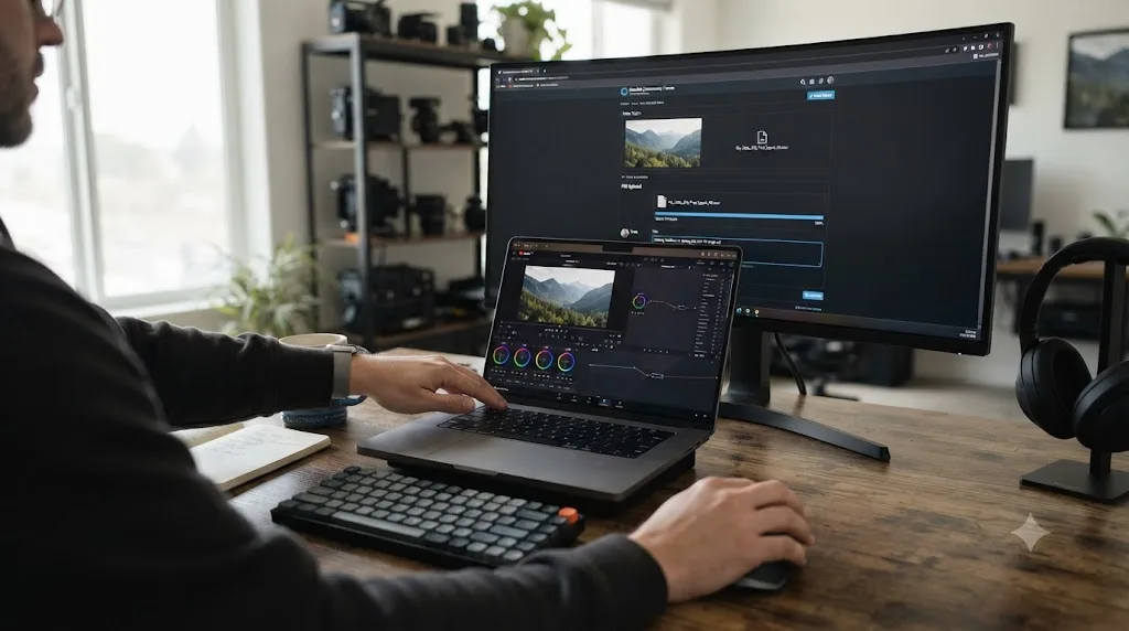 Illustration of a person closing a tutorial video and opening a feedback community with a finished DaVinci Resolve export ready to share