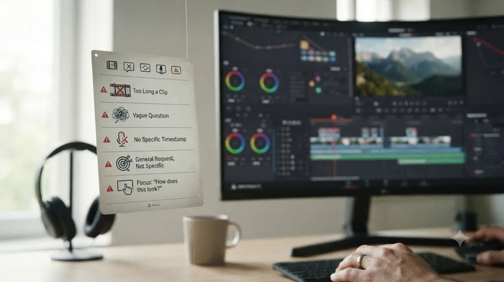 Illustration of a mistakes checklist beside a DaVinci Resolve timeline with warning icons for common feedback-posting errors