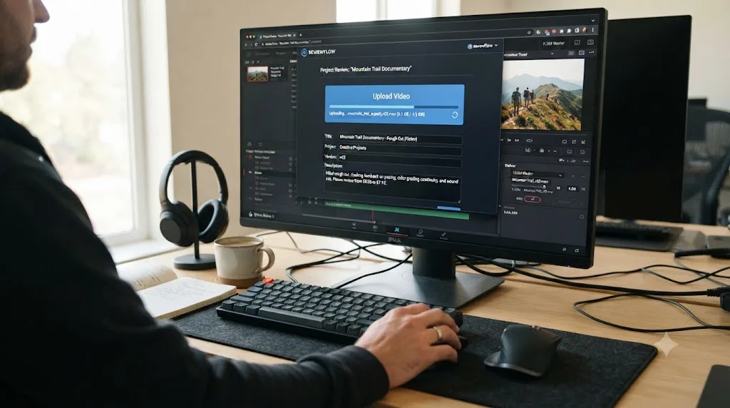 Illustration of a DaVinci Resolve export being uploaded to a professional feedback service submission form