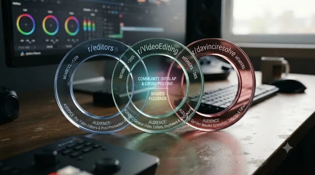 Illustration of three overlapping circles representing different Reddit communities for video editors with member counts labeled