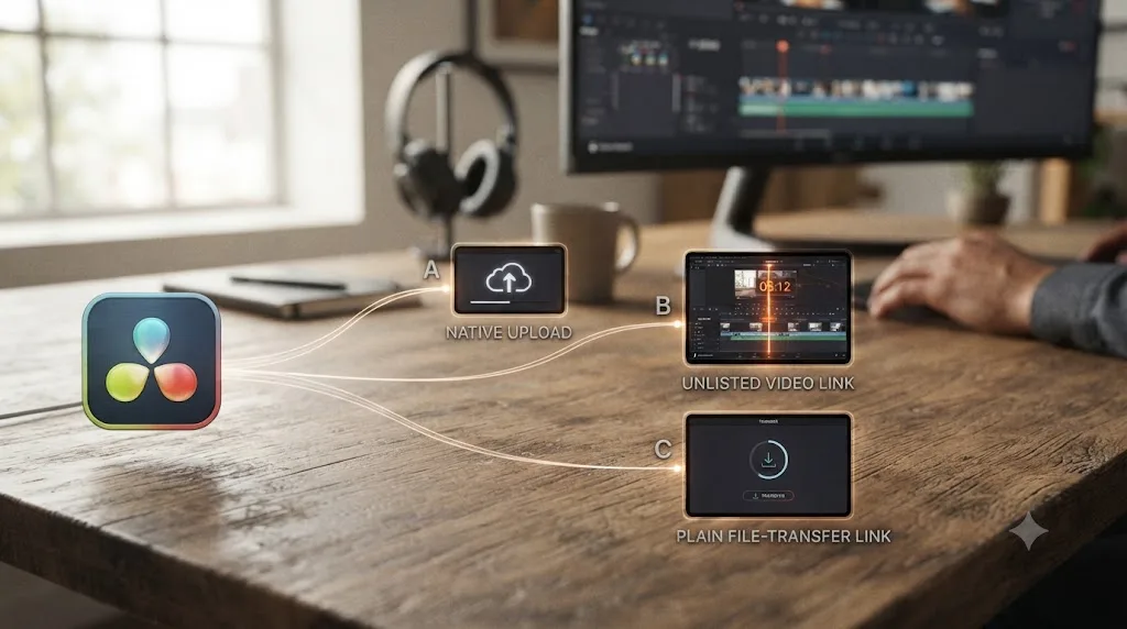 Illustration of a DaVinci Resolve export branching toward native upload, an unlisted video link with a timestamp marker, and a plain file-transfer link