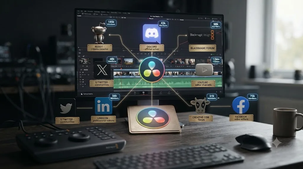 Illustration of eight community icons with member-count badges arranged around a central DaVinci Resolve logo