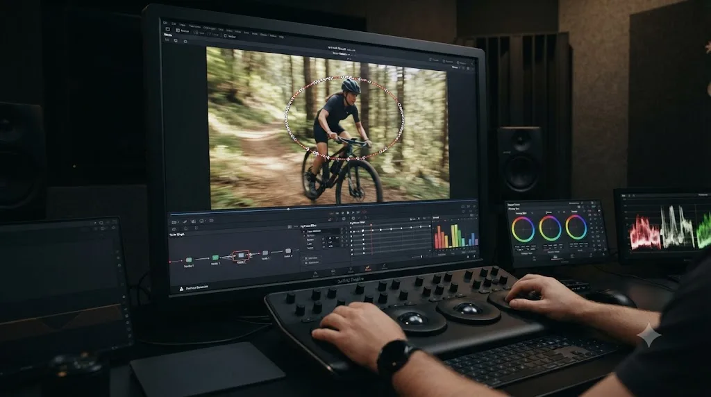 Illustration of a DaVinci Resolve Power Window tracking a moving subject across frames using dynamic keyframes