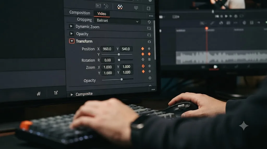 Illustration of a DaVinci Resolve Inspector panel showing keyframe diamonds animating a clip's zoom parameter over time